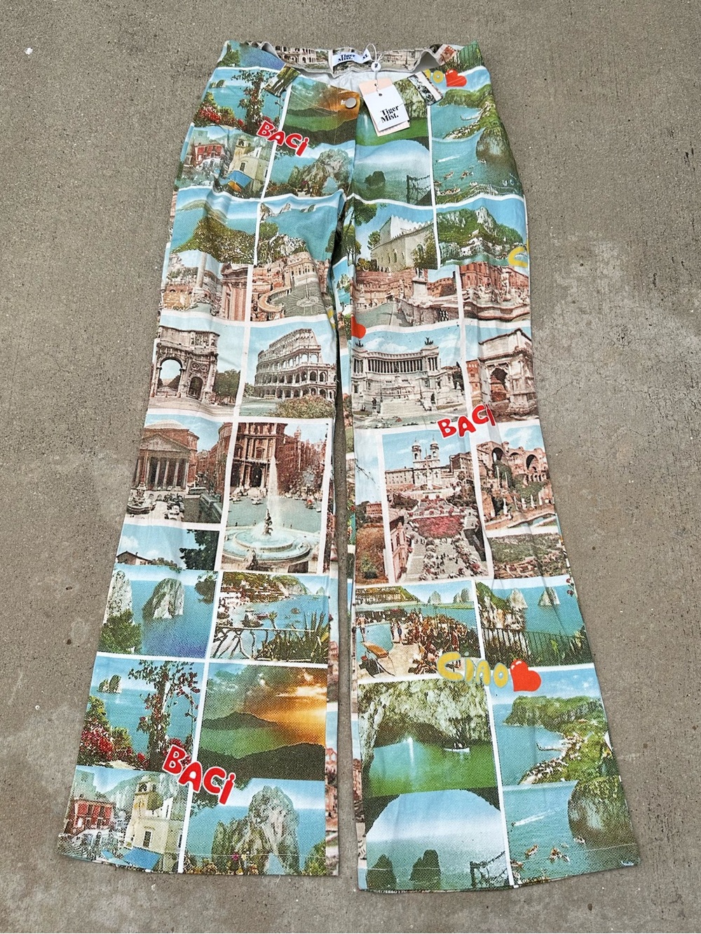 Tiger Mist Michalea Europe Print Postcard Collage Flare Wmns Y2K Pants NWT ~XL